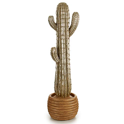 TU TENDENCIA UNICA Cactus de cerámica de 93cm con Maceta con luz led en la Parte Superior, diseño Elegante, Decorativo. Medidas: 27x25,5x93cm (Plateado)