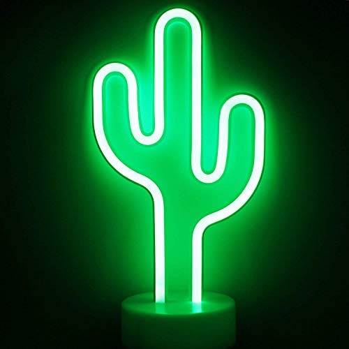 XIYUNTE Cactus Señales luminosas neón Luz de noche,Verde Cactus luces de neón Lámparas Iluminación infantil Dormitorio Decoración, Bateria powered Luces de noche con pedestal Lámparas de escritorio