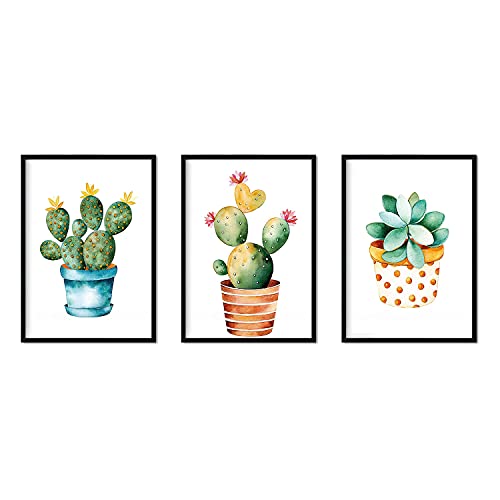 Nacnic - Set 3 Láminas Decorativas Cactus con Flores Estilo Acuarela | Posters de Plantas, Hojas y Naturaleza | Decoración del Hogar Multicolor | Papel 250 Gramos