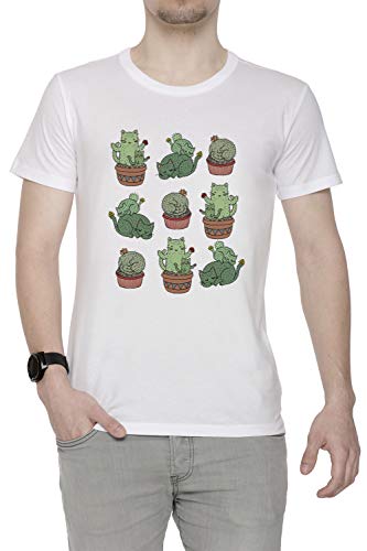 Cactus Gatos Hombre Camiseta Cuello Redondo Blanco Manga Corta Tamaño S Men's White T-Shirt Small Size S
